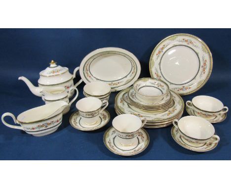 Mintons Fine Bone China dinner and tea wares in the Stanwood pattern with orange floral decoration and blue and gilt bands co