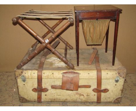 A vintage fibre trunk, an Edwardian sewing table (cut down) and a turned folding stand (3) 