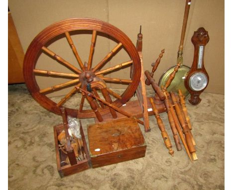 A traditional pine and beechwood spinning wheel together with a 19th century walnut writing slope, further 19th century coppe