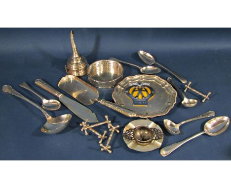 A mixed collection of silver plated items including a wine funnel, salver, coaster, serving spoons ladle, a tureen and cover,