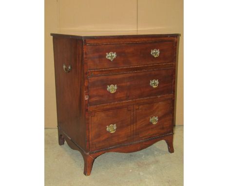 A small 19th century mahogany three drawer chest with graduated drawers over a shaped apron and splay bracket supports (commo