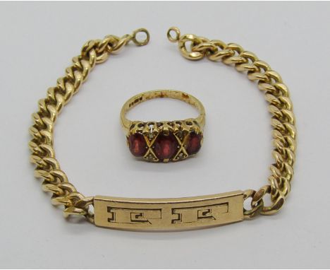 9ct garnet and diamond ring, size M/N, 3.5g, together with a French 'fix' gold plated identity bracelet (2) 