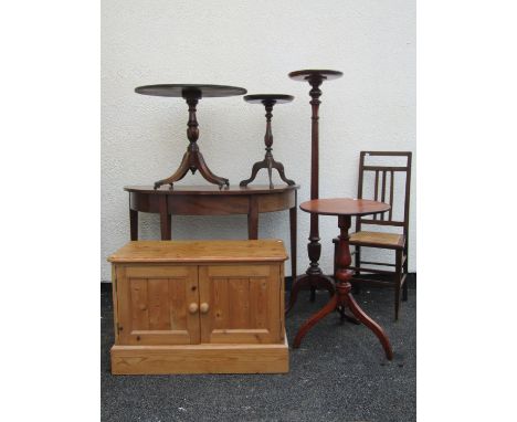 A collection of furniture including 19th century D end side table, a low pine cupboard enclosed by two panelled doors, a late