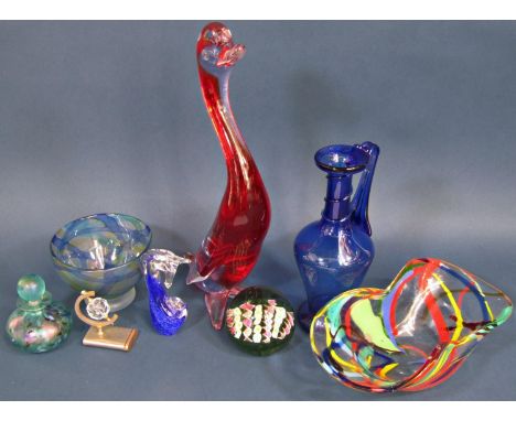 A Murano style glass paperweight a pinched Art Glass fruit bowl, a red glass goose, a pale blue pitcher, etc 