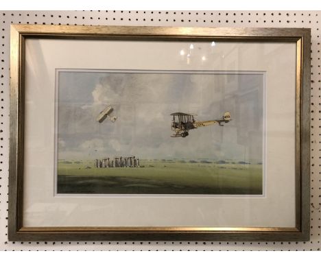 Barry K. Barnes - Biplanes Flying Ove Stonehenge, watercolour on paper, signed lower left, 29 x 49 cm, double-mounted, framed