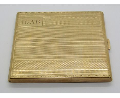 1930s 9ct cigarette case with engine turned decoration and inscription to interior, maker William Neale &amp; Son Ltd, Birmin