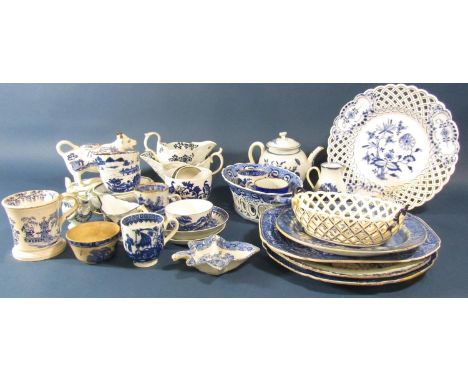 A collection of late 18th century crescent Worcester porcelain comprising teapot, gravy boats, tea bowls and saucers, cream j