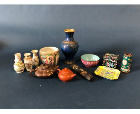 A collection of Chinese items including four Cantonese porcelain items, four pieces of enamel ware, cloisonne vase, scroll we