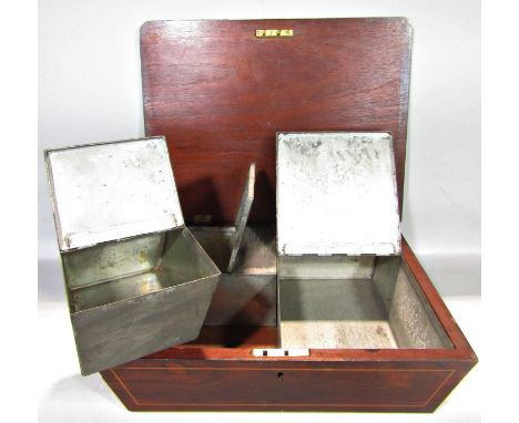 A rosewood caddy with rising and closing lid enclosing three zinc containers