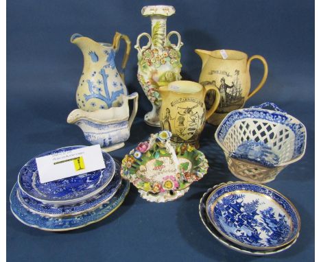 Collection of china to include two brown glazed jugs inscribed Poor Jack and The farmers Arms, blue and white jug with floral