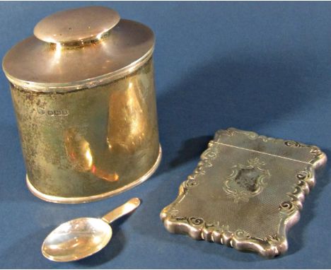A silver tea caddy with caddy spoon, both Sheffield 1955, maker William Hutton &amp; Sons Ltd, 10cm high, together with an un