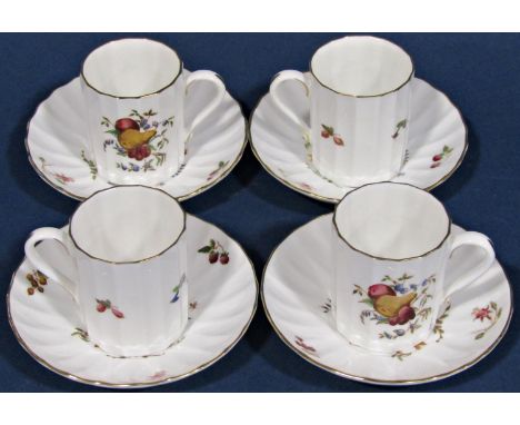 A set of eight Royal Worcester Delecta coffee cans and saucers after the originals, with fruit detail 