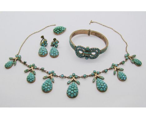19th century suite of gilt metal jewellery pavé set with turquoise, comprising necklace, hinged bangle and pair of drop earri