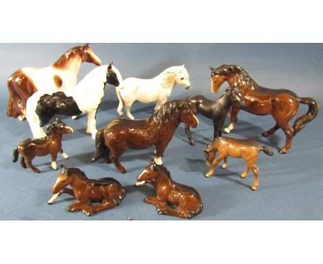 Large collection of china animals in various poses to include Beswick horses and foals, Beswick Blue Tit x 2, Robin x 2, Chaf