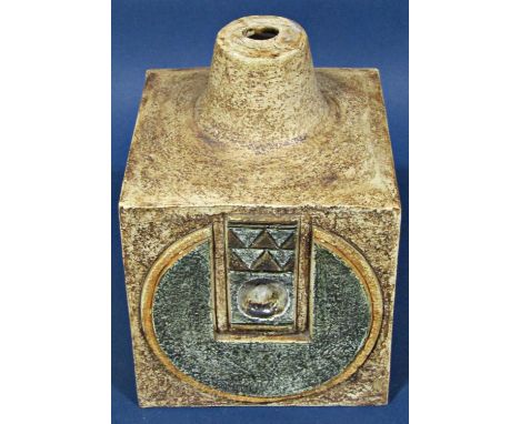 A Troika table lamp of square cut form with incised geometric detail, 19cm high 