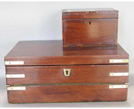 A Georgian mahogany caddy with cross banded detail and a further 19th century writing slope with folding frame and fitted int