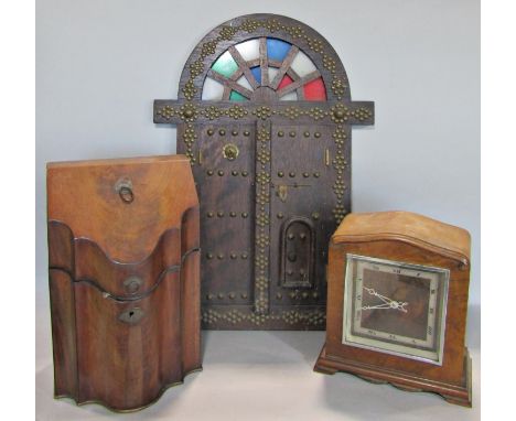 A Georgian walnut stationery box with serpentine outline, an art deco mantle clock in a figured walnut case and a further wal