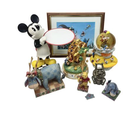 Collection of Disney figures, to include Ardleigh Elliott music box Hunny of the Day, Disney musical snow globe, Micky mouse 