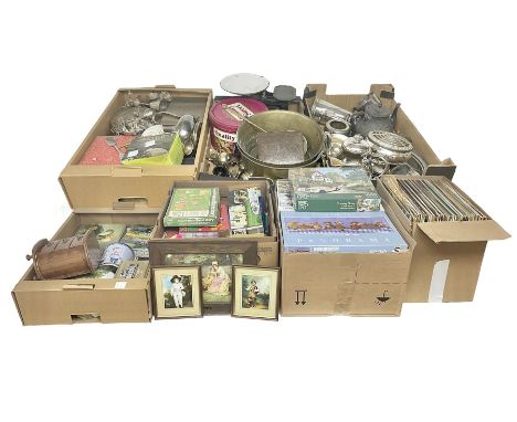 Collection of silver plate, together with cast iron scales, two jam pans and other collectables, in seven boxes 