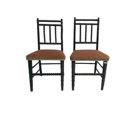Pair Edwardian bobbin turned chairs, seats upholstered in pale pink fabric