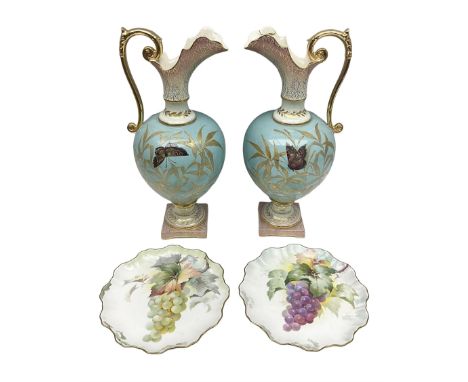 Pair rubian art pottery jugs and pair painted Doulton plates, jugs H42cm