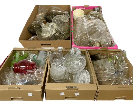 Large collection of glassware, to include uranium vase, cranberry glass jug, ship decanter, jelly moulds, jugs etc, in six bo