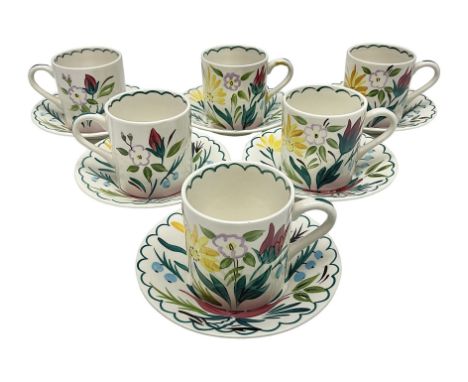 Set of six Midwinter Stylecraft Bella Vista coffee cups and saucers, pattern designed by Jessie Tait