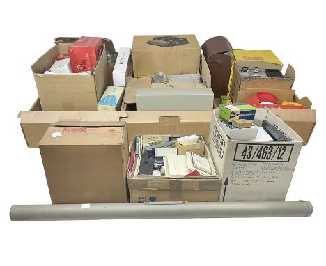 Large collection of projectors and equipment, to include Alphaxia Gnome projector, Kodak Brownie projector, slide containers,