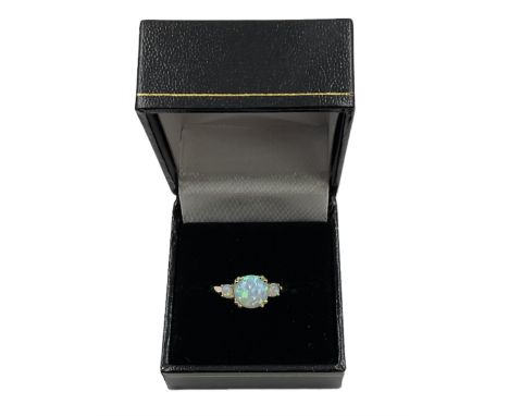 Silver-gilt three stone opal ring, stamped 925Condition Report:Size L
