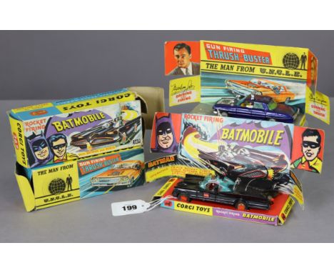 Two Corgi die-cast scale models "Batmobile" (No. 267, lacking Robin character figure); &amp; "The Man From U.N.C.L.E. Oldsmob