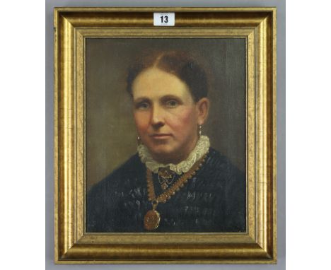 An oil on canvas head &amp; shoulders portrait study of a lady wearing a black dress &amp; gold necklace, unsigned, 12” x 10”