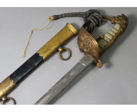 A WWI BRITISH ROYAL NAVY RESERVE OFFICER'S DRESS SWORD RETAILED BY J. J. RAYNER &amp; SONS OF LIVERPOOL with etched scroll de