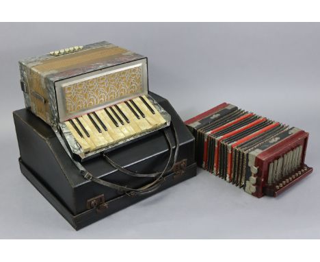 A Scarlatti piano accordion with black fibre-covered travelling case (slight faults); &amp; another piano accordion “The Squi