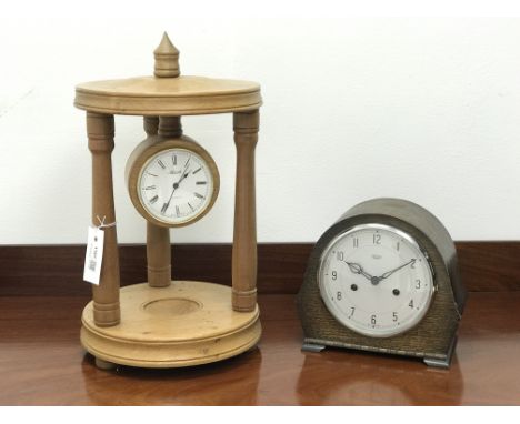 Hermle mantel clock, circular quartz movement in three pillar turned oak portico, on circular base, H43cm, and a 1950's Smith