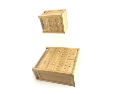 Light ash chest, two short and three long drawers (W87cm, H97cm, D41cm) and matching three drawer lamp chest (W48cm, H52cm, D