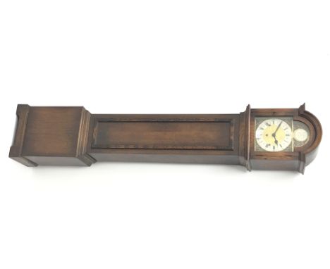 Early 20th century oak Grandmother clock with arched brass dial, triple train movement chiming the quarters on rods, H166cm C