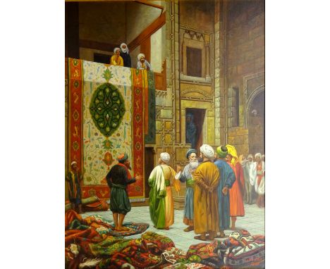 The Persian Carpet Sellers, oil on canvas signed and dated 2005 by Kim Sorg 121cm x 91cm Condition Report Click here for furt