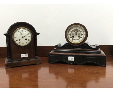 Victorian black slate and red marble mantel clock, Hry. Marc signed drumhead movement with visible escapement striking the ha