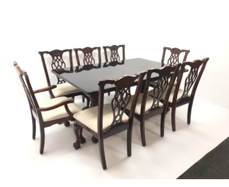 Queen Anne style twin pedestal rosewood extending dining table with two leaves (W229cm, H77cm, D107cm) and eight (6+2) Chippe