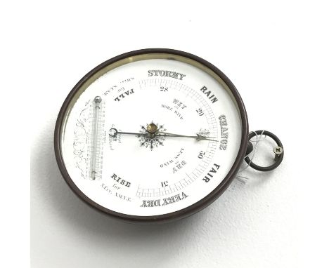 Brass cased circular aneroid barometer with thermometer, D17cm Condition Report Click here for further images, condition, auc