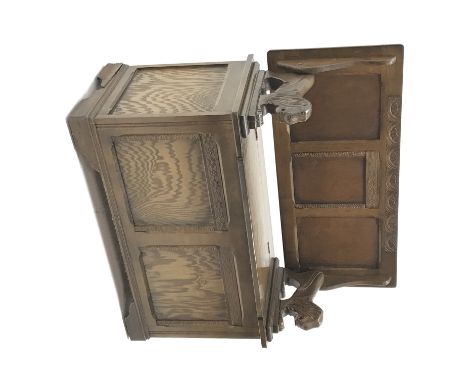 20th century oak monks bench, carved lion arms, two panel front, bracket supports, W101cm, H100cm, D44cm Condition Report Cli