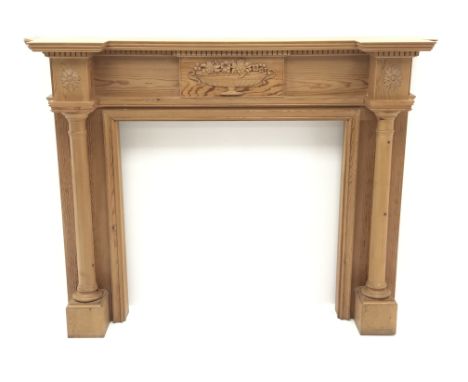 Classical pine break front fire surround, dentil frieze, carved bowl, two flanking columns, W164cm, H125cm Condition Report C