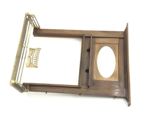 Early 20th century mahogany fire surround, projecting cornice, oval bevel edge mirror (W153cm, H179cm, D15cm) with brass hear