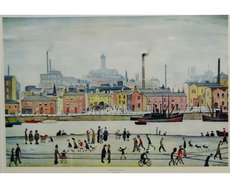 After Laurence Stephen Lowry RBA RA (British 1887-1976): 'Northern River Scene', coloured lithograph 43cm x 62cm Condition Re