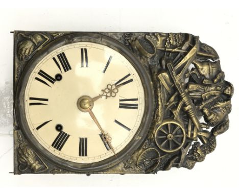 20th century French Comtoise wall clock, convex Roman dial with pressed brass cresting, twin train movement striking the half