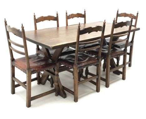 Spanish style rectangular oak dining table, 'X'  shaped supports joined by single stretcher (W168cm, H76cm, D79cm) and set si