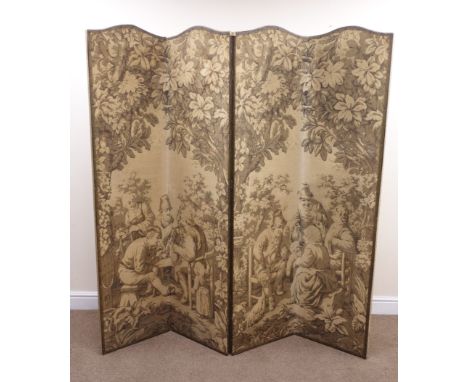 Four panel folding screen, upholstered in fabric depicting a garden scene, W184cm, H178cm Condition Report Click here for fur