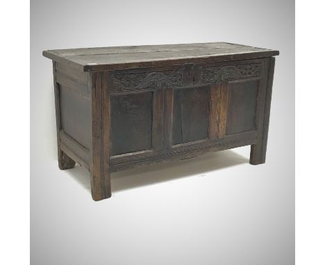 18th Century oak kist, hinged lid, heavily carved frieze, three panel front, stile supports, W122cm, H68cm, D54cm Condition R