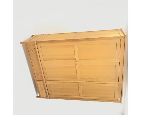 Light oak triple combination wardrobe, three doors above one long and one short drawer, stile supports, W153cm, H204cm, D55cm