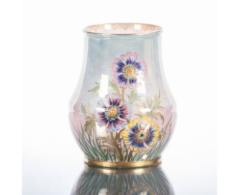 CARLTON WARE 'DAISY' PATTERN VASE 
decorated with coloured enamels on gilt on a graduated pink and blue ground, blue printed 